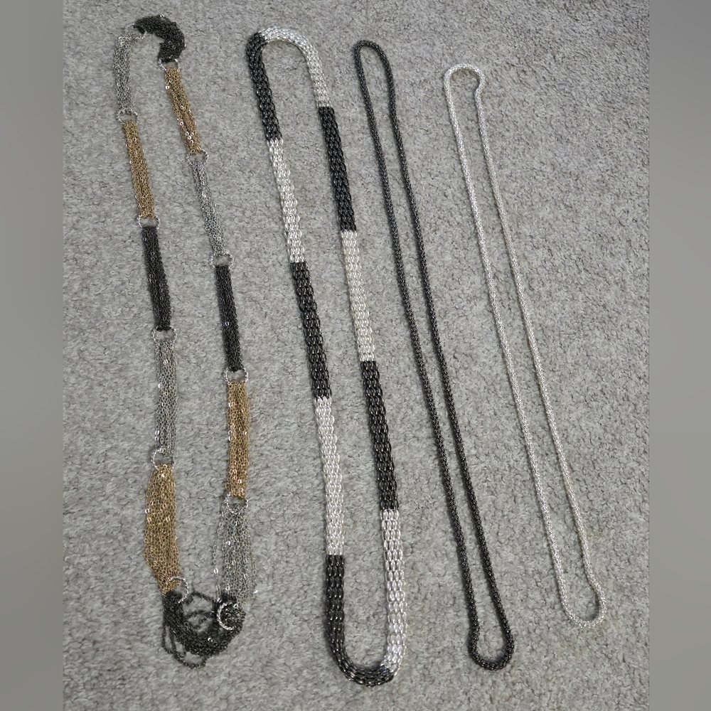 Long Necklaces - Costume Jewelry-Silver And Black Chain Metal Necklaces Set of 4